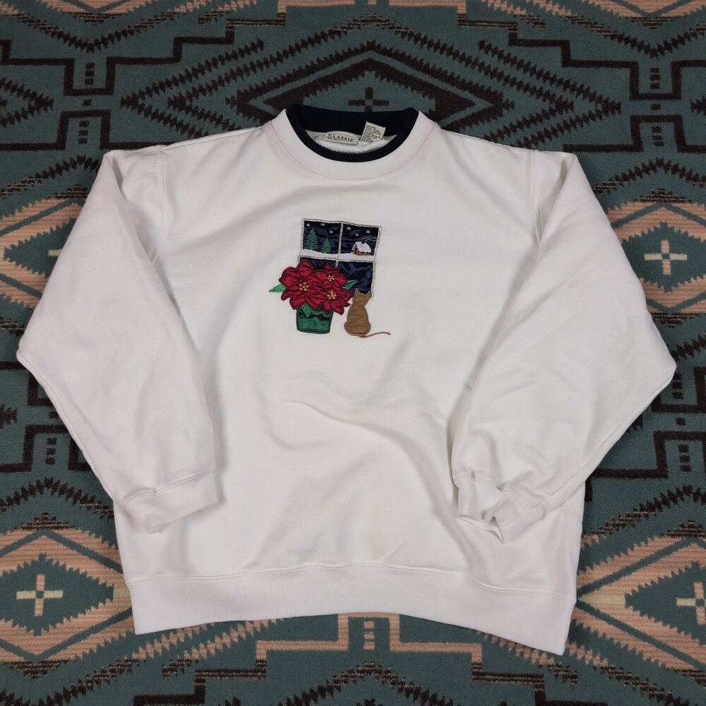 Vintage Christmas Sweatshirt Kittens Cat Sweater Size Petite Large Embroidered